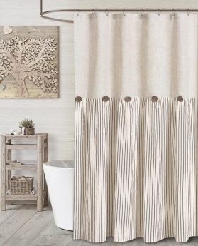 Farmhouse Beige Shower Curtain Button Linen Textured Woven Fabric,Pleated Beige Stripe,Country Style,72x72 Inch