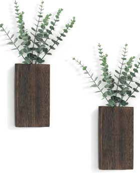 2 Pack Wood Wall Planter Vase with Artificial Eucalyptus Farmhouse Wall Hanging Decor Pocket Planter for Indoor Fake Plants Greenery, Living Room Bedroom Kitchen Home Office Decoration