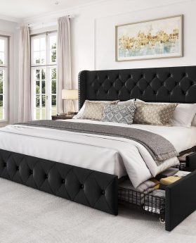 King Size Bed Frame with 4 Storage Drawers and Tufted Headboard Velvet Upholstered Platform Bed Frame Wingback Beds with Wooden Slats Support, Easy Assembly, Black