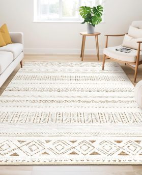 Large Living Room Area Rug 5x7: Soft Machine Washable Boho Moroccan Farmhouse Rugs for Bedroom Under Dining Table - Non-Slip Neutral Morden Indoor Floor Carpet for Home Office - Brown/Cream