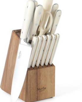 MARTHA STEWART Eastwalk 14 Piece High Carbon Stainless Steel Cutlery Kitchen Knife Block Set w/ABS Triple Riveted Forged Handle Acacia Wood Block - Linen White